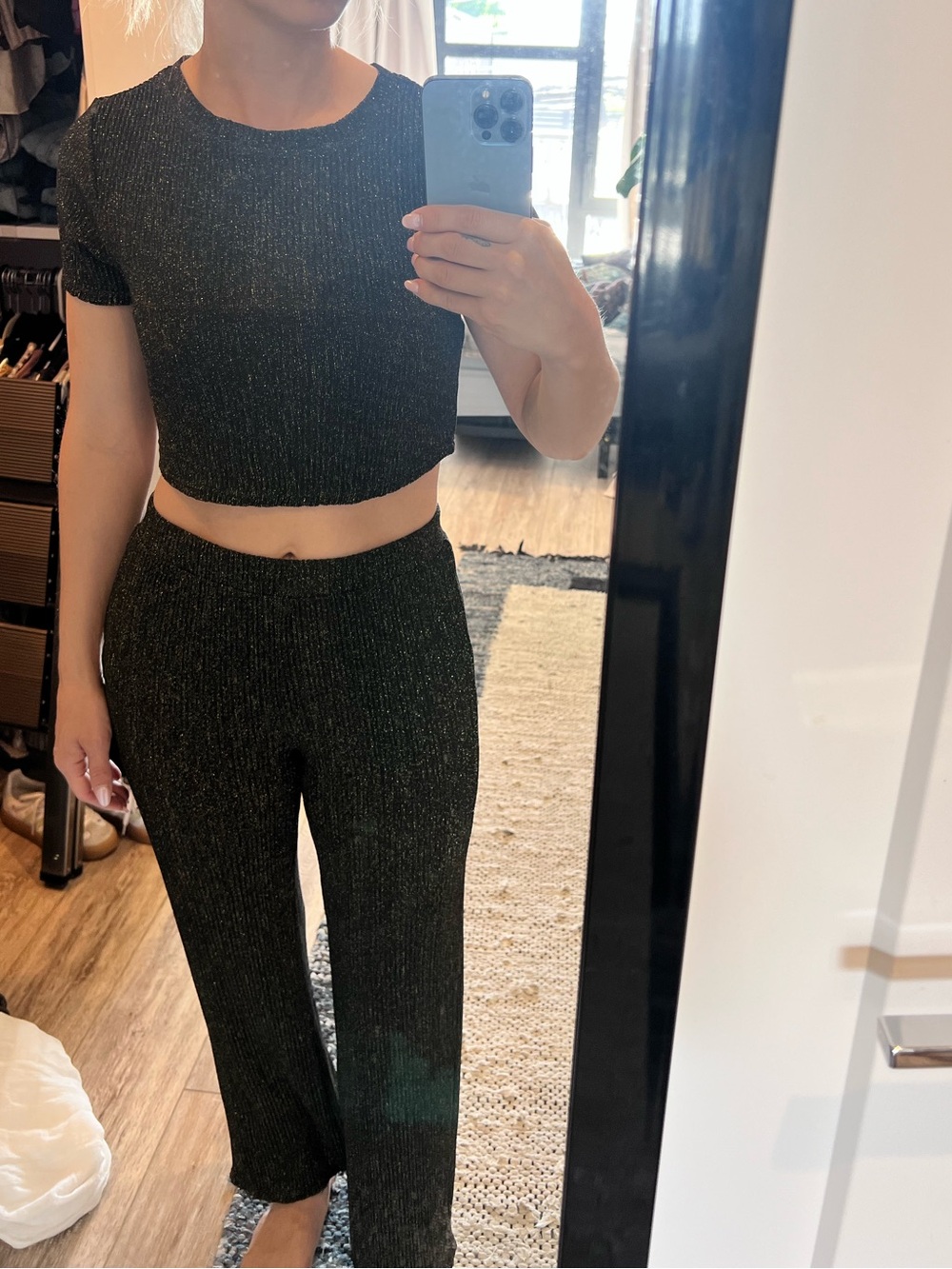Lurex Wide-Leg Knit Pants with Matching Crop Top - Black